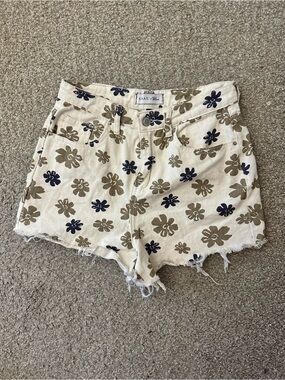 Khaki + Blue Floral Print High-Rise Denim Cut Off Shorts